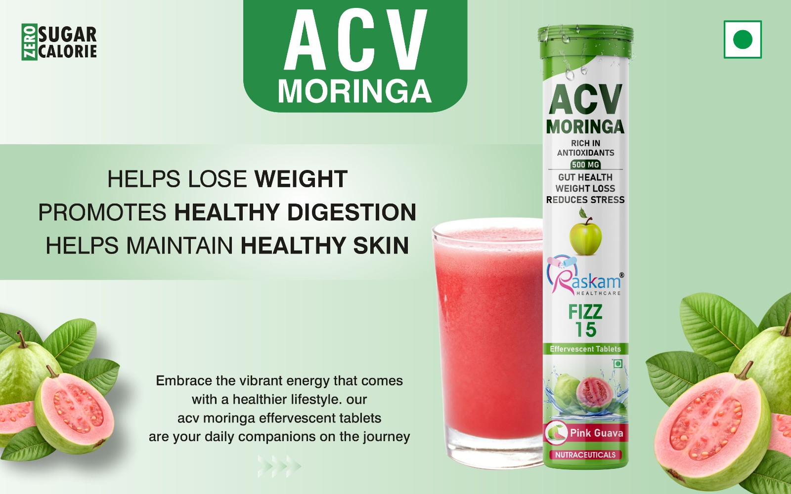 ACV Moringa Effervescent Tablets 500mg – Pink Guava Flavor, No Added Sugar, Supports Appetite Control, Immunity & Natural Energy – 15 Fizz Tabs (Pack of 1)