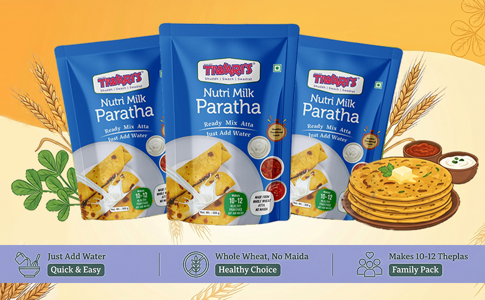 Tiwari’s Nutri Milk Paratha/Poori Ready-To-Use Atta Mix | 100% Vegetarian Instant Healthy High Protein & Fiber Flatbread Mix With No Preservatives, No Onion & Garlic | 300gm, Pack of 2