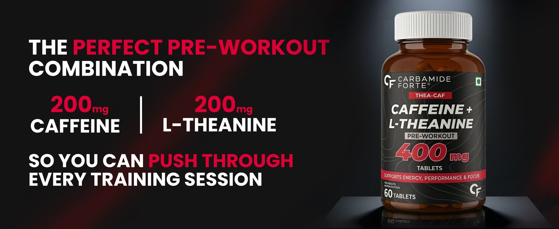 Carbamide Forte Caffeine Tablets with L Theanine | Pre Workout for Men & Women | High Strength Caffeine for Energy & Focus | Gym Supplement for Men & Women | 60 Veg Tablets for Pre Workout