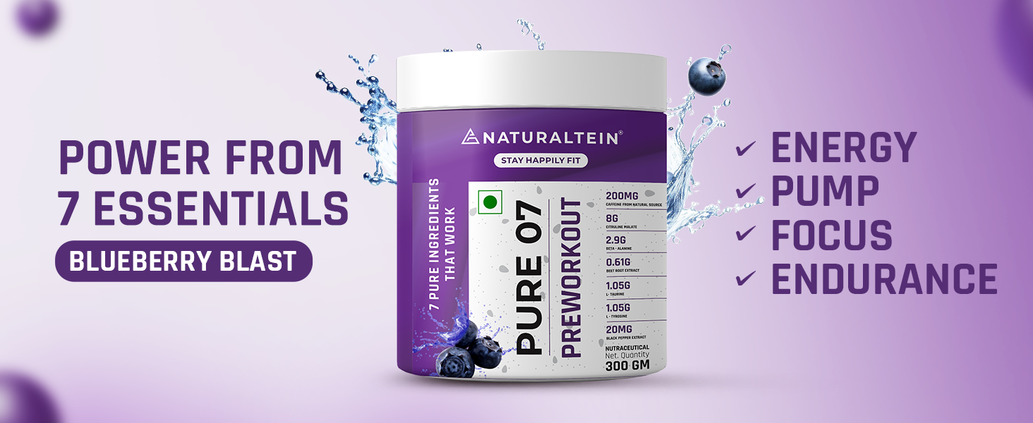 NATURALTEIN PURE-07 Vegan Pre-Workout – Blueberry Blast | Clean Energy & Focus | 300g Powder | 21 Power-Packed Servings