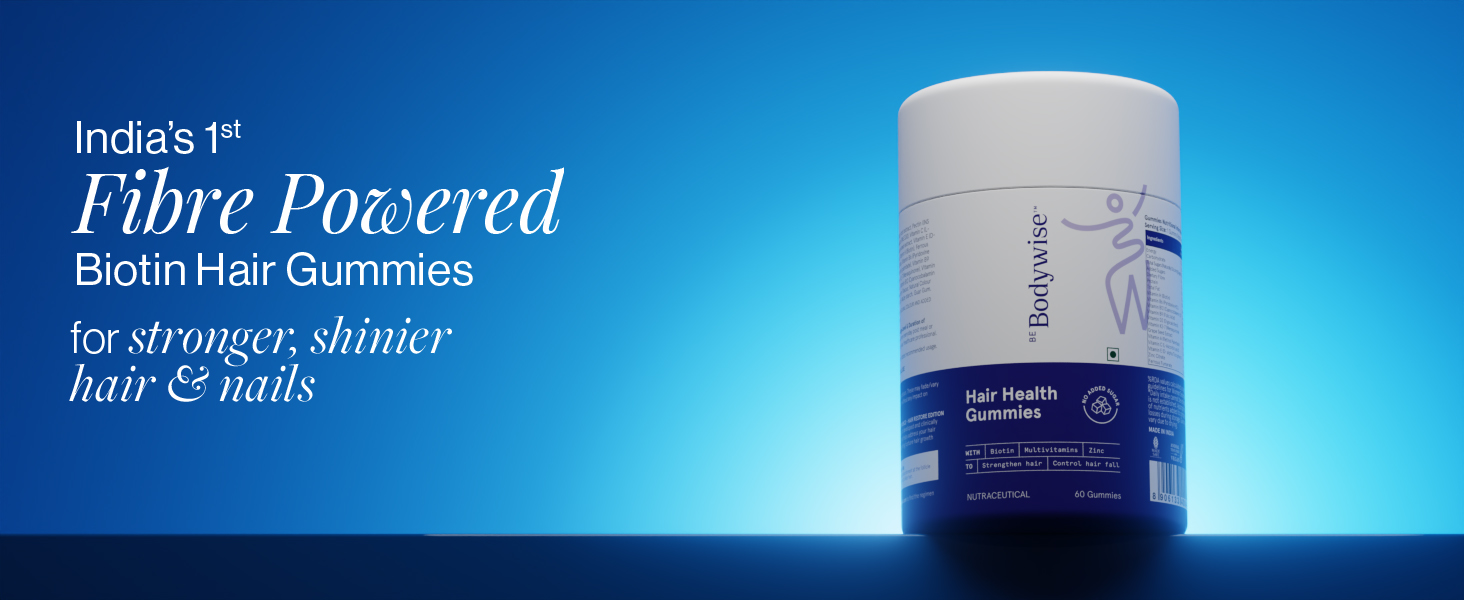 Be Bodywise Biotin Hair Gummies | For Stronger,Shinier Hair & Nails | 120 Day Pack | With Biotin, Zinc, Folic Acid, Fibre & Multivitamin | Strawberry Flavored | No Added Sugar & Gut Friendly