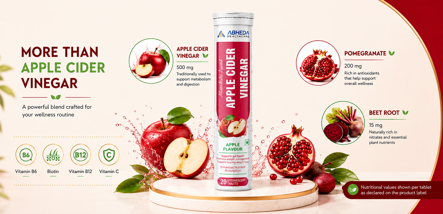 Apple Cider Vinegar Effervescent Tablets - 500mg | ACV with Pomegranate, Beet Root & B-Vitamin | Supports Weight Management & Metabolism | 20 Tablet - Pack Of 1