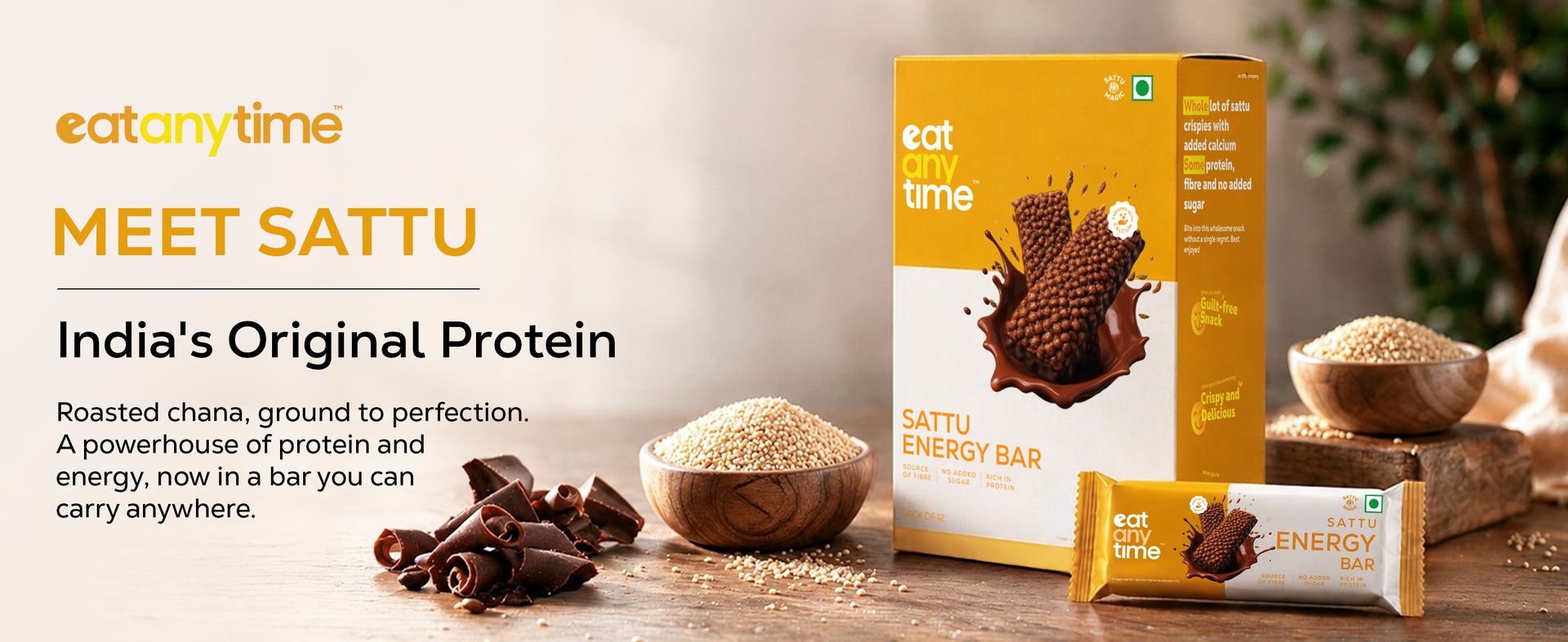 Eat Anytime Sattu Energy Bar | Sea Salt Caramel | Rich in Protein | Ancient Indian Supergrain | Source of Fibre | No Added Refined Sugar | 25g