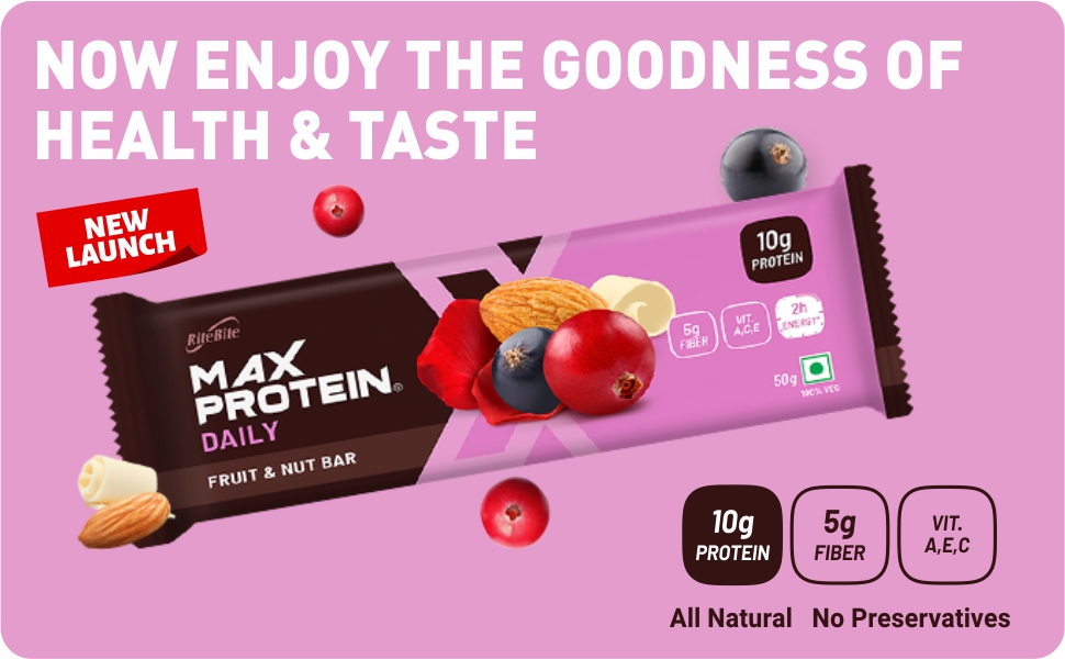 RiteBite Max Protein Daily Fruit & Nut 10g Protein Bars [Pack of 6] Protein Blend, Fiber, Vitamins A,C,E, No Preservatives, 100% Veg, For Energy, Fitness & Immunity - 300g