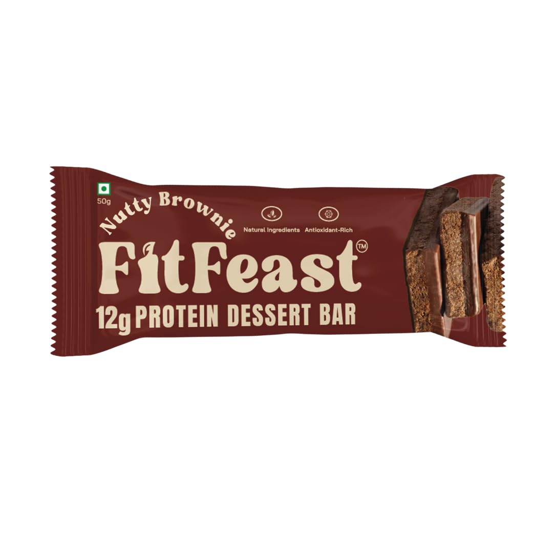 FitFeast Nutty Brownie Dessert Protein Bar, Pack of 6 | 12g Protein per 45g Bar| Blended of Chocolate and Nuts Flavour | Zero Added Sugar & No Artificial Preservatives | As Seen on Shark Tank