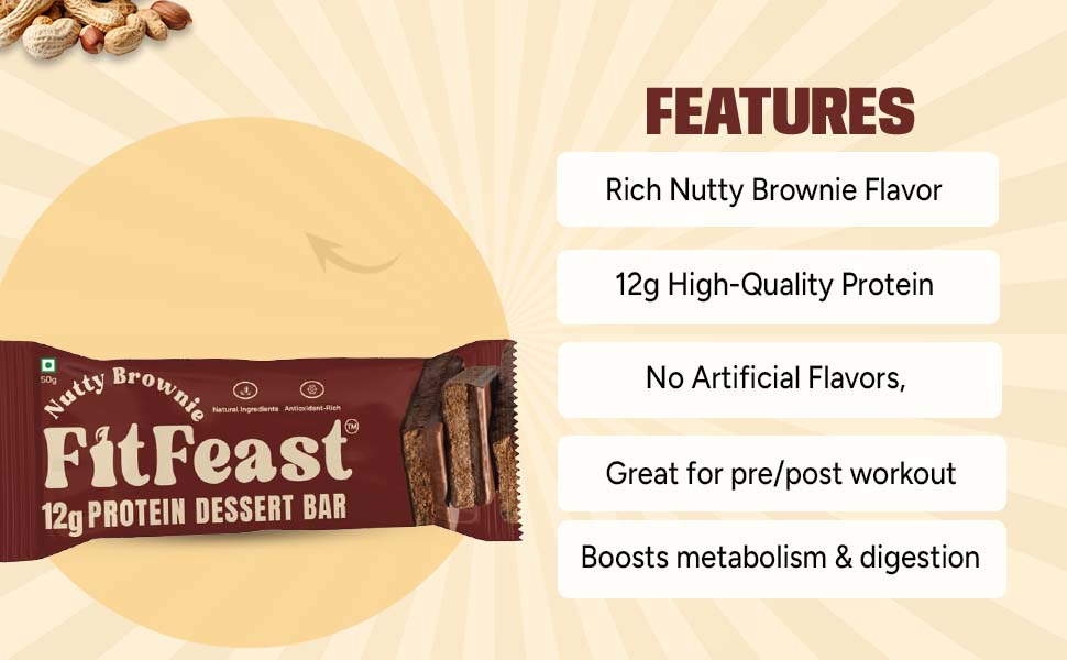 FitFeast Nutty Brownie Dessert Protein Bar, Pack of 6 | 12g Protein per 45g Bar| Blended of Chocolate and Nuts Flavour | Zero Added Sugar & No Artificial Preservatives | As Seen on Shark Tank