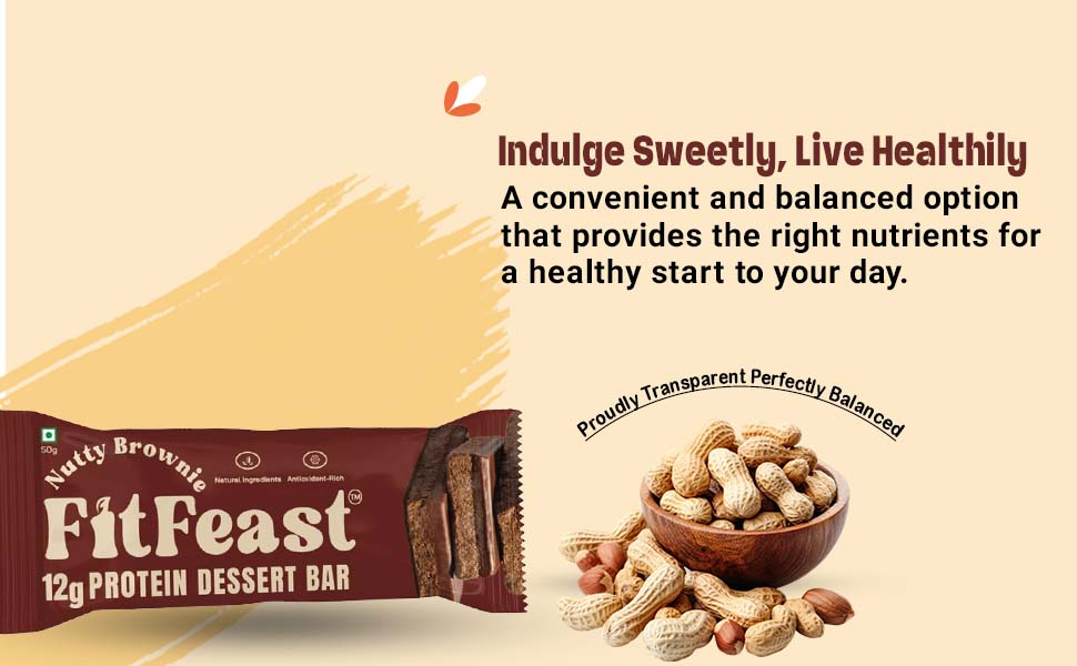 FitFeast Nutty Brownie Dessert Protein Bar, Pack of 6 | 12g Protein per 45g Bar| Blended of Chocolate and Nuts Flavour | Zero Added Sugar & No Artificial Preservatives | As Seen on Shark Tank