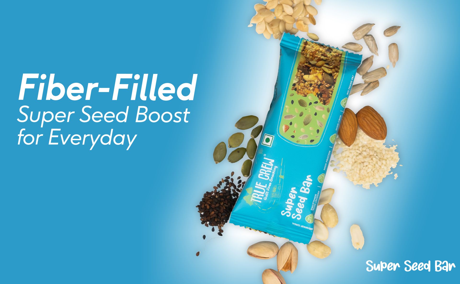 TRUE CREW Super Seed Bar | High Protein & High Fibre Snack | Jaggery Sweetened | No Trans Fat, Artificial Sweeteners, Gluten or Soy | Natural Ingredients | 25g Each | Pack of 10