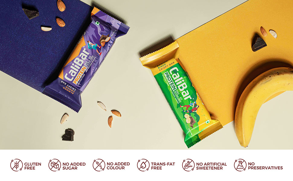 CaliBar 20g Protein Bar - Almond Choco, Banana Binge, Cookie Crunch Crispy Bar (Combo Pack of 5) Assorted Pack, No Added Sugar, Gluten-Free, 5g Fiber, No Preservatives,No Palm oil, Delicious Taste & 100% Veg. | Guilt-Free snacking for High Protein diets, Sustained Energy, Fitness & Immunity (65g x 5 )