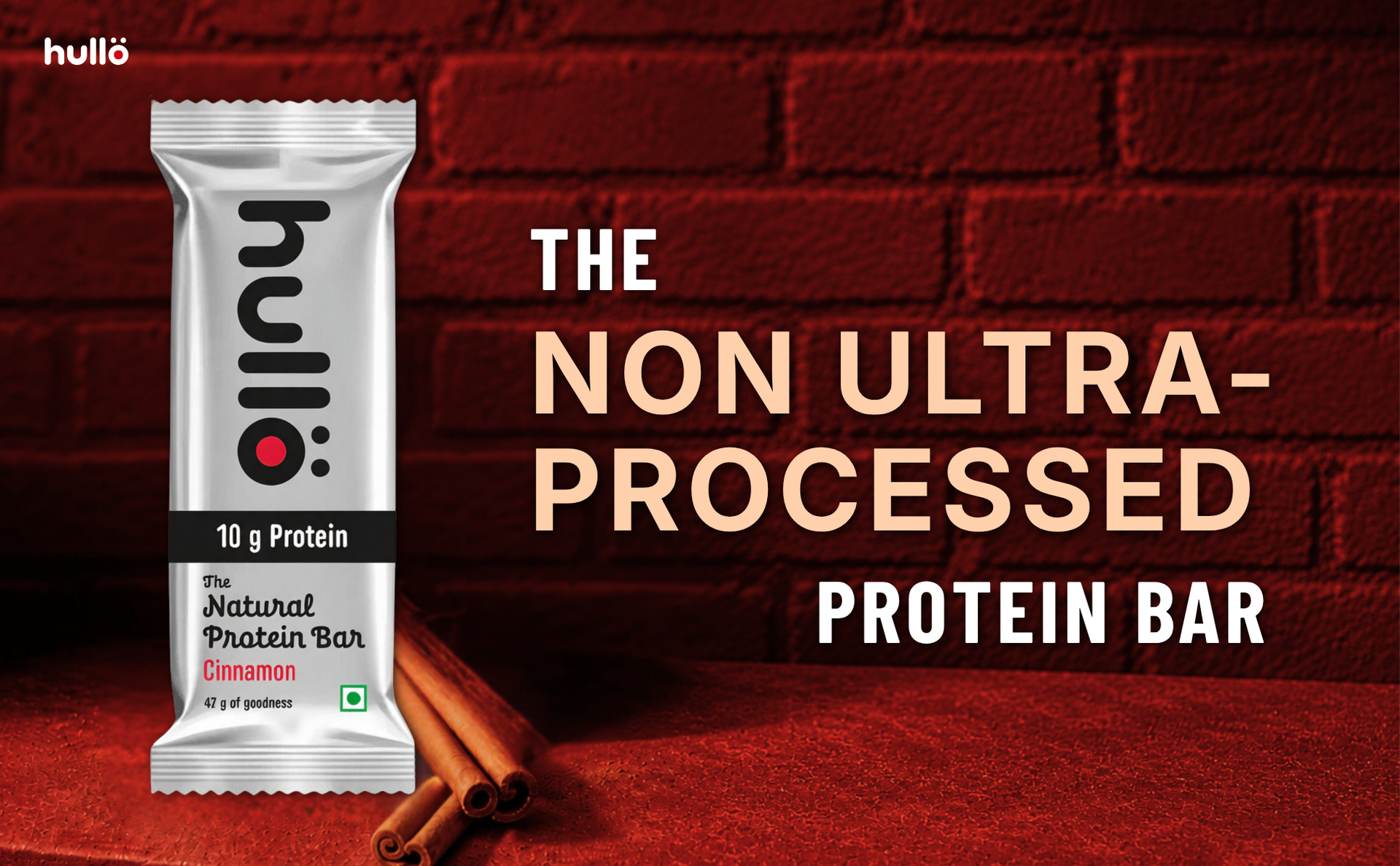 Hullo The Natural Protein Bar Cinnamon - 10g Protein (24 X 47g) | High Fiber & Rich in Omega 3, 6, and 9 | Healthy Snack for Gym, Office & Travel | Dairy Free, Soy Free & Non Ultra Processed