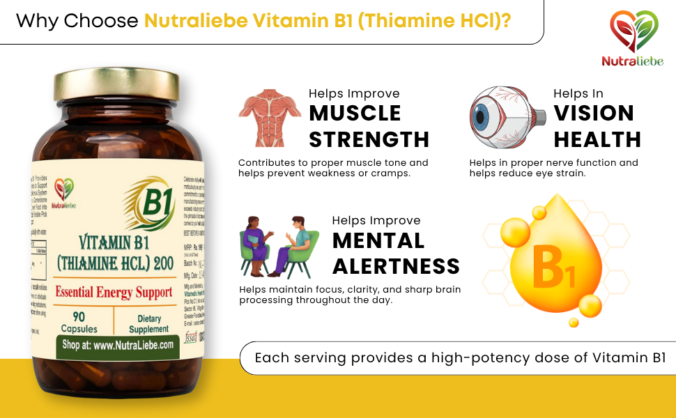 Vitamin B1 (Thiamine HCl) – High-Potency Energy & Nervous System Support | Promotes Metabolism, Heart Health & Brain Function | 90 Vegetarian Capsules | Non-GMO & Gluten-Free
