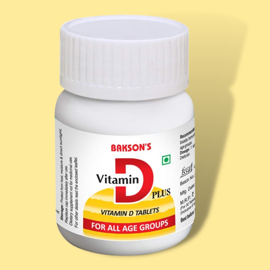 Bakson's Vitamin D Plus, Promotes Calcium Absorption, Bone Health, Muscle Strength & Boosts Immunity | Comes With Vitamin A, B, C & E, | For All Age Group, 30 Tablets (Non Veg)