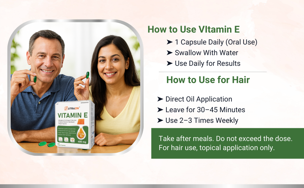 Vitamin E 400 mg Capsules with Wheatgerm Oil & Omega 3 | Vitamin E Capsules for Face and Hair | Antioxidant Support | 50 Softgels