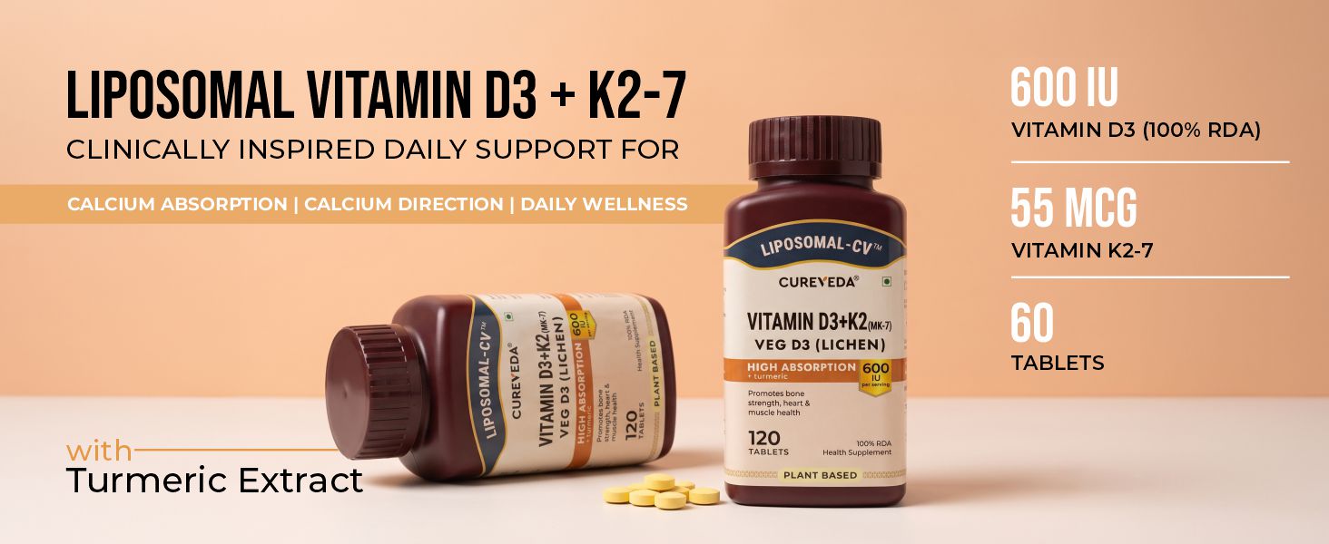 Cureveda Liposomal Vitamin D3 600 IU + Vitamin K2-7 & Turmeric, 120 Tablets