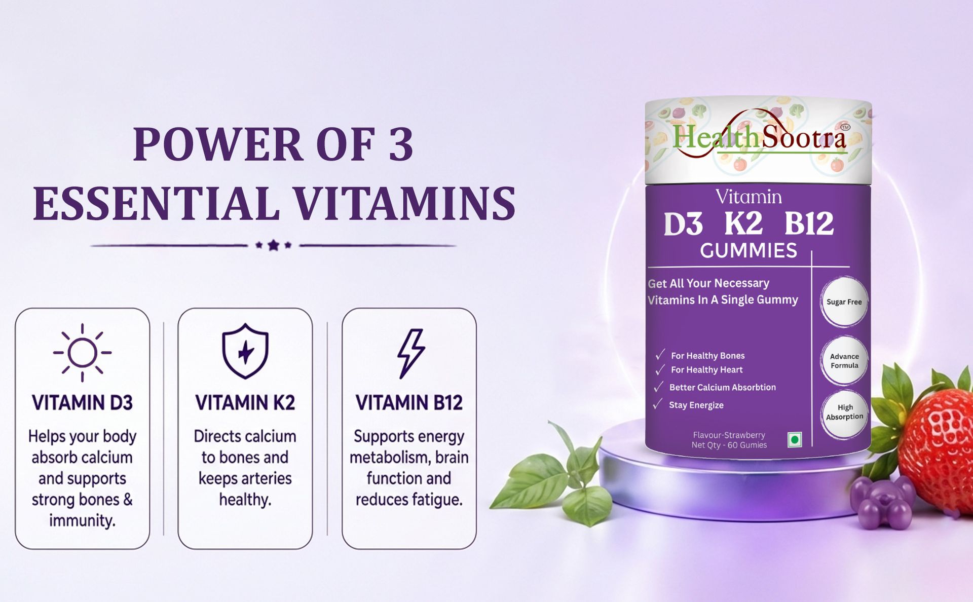 Vitamin D3 K2 B12 Gummies | 60 Gummies | Strawberry Flavour | Sugar Free Vitamin | Daily Wellness with Vitamin D, Vitamin K2 & Vitamin B12 supplements for Bone Health