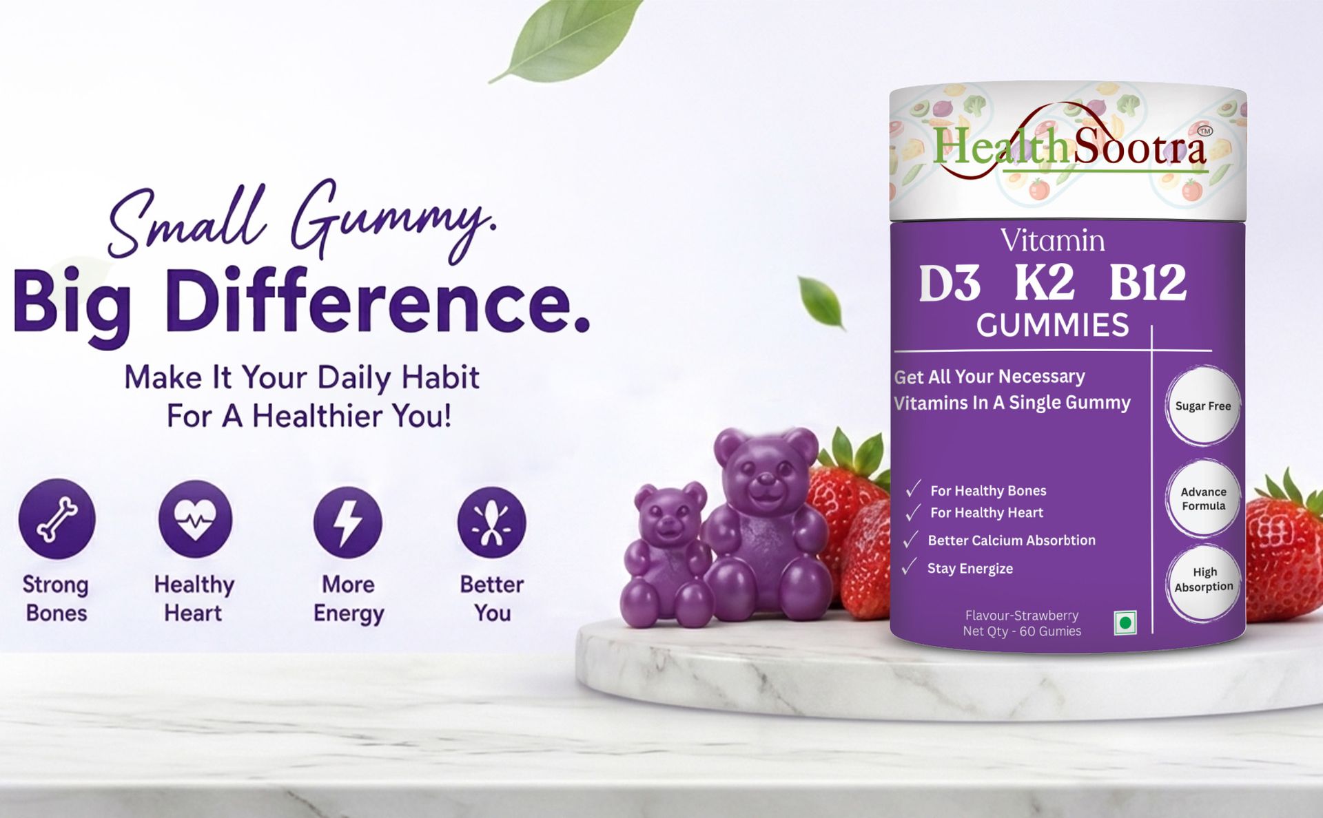 Vitamin D3 K2 B12 Gummies | 60 Gummies | Strawberry Flavour | Sugar Free Vitamin | Daily Wellness with Vitamin D, Vitamin K2 & Vitamin B12 supplements for Bone Health