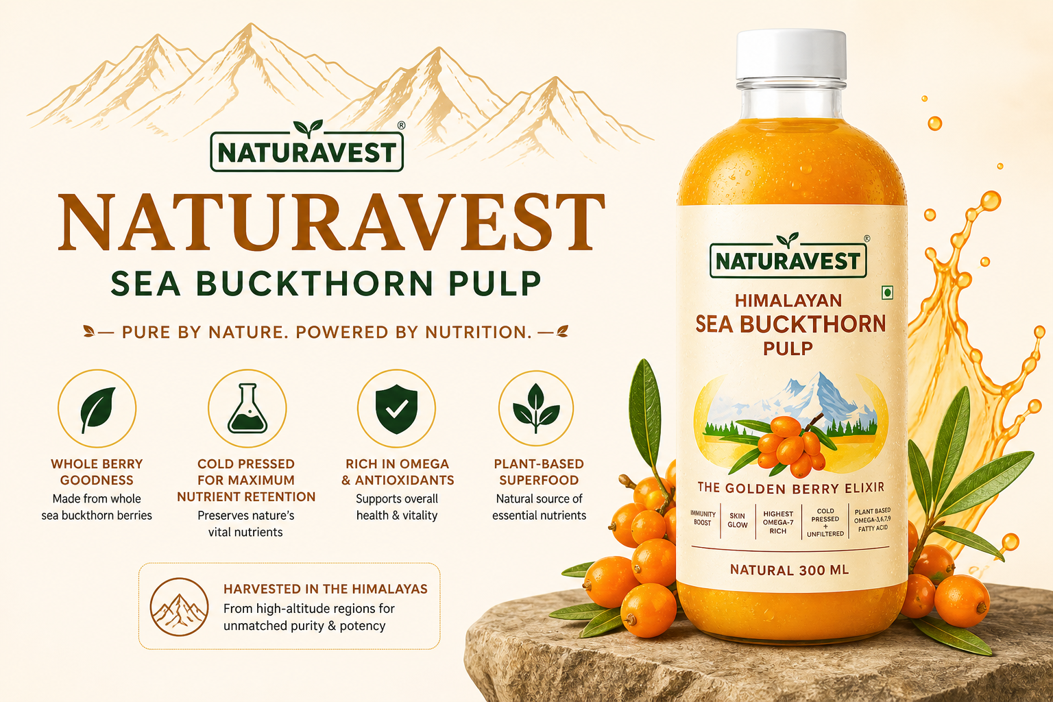 Naturavest Himalayan Sea Buckthorn Pulp – 100% Pure, Unfiltered & Cold-Pressed | Immunity Boost, Skin Glow, Omega 3-6-7-9 | Natural Superfruit pulp – No Sugar, Plant Based, Non GMO (Pack of 1)300ml