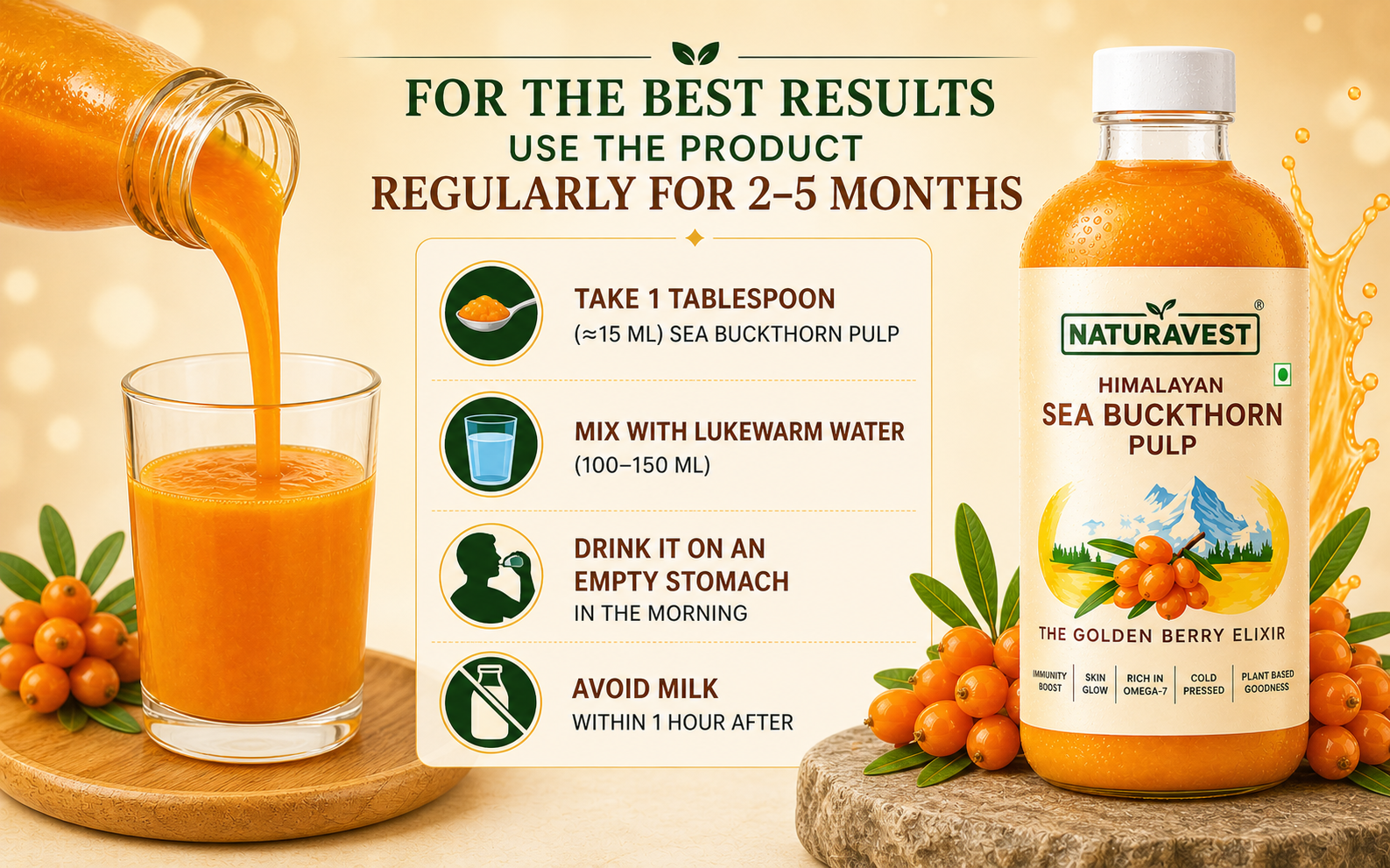 Naturavest Himalayan Sea Buckthorn Pulp – 100% Pure, Unfiltered & Cold-Pressed | Immunity Boost, Skin Glow, Omega 3-6-7-9 | Natural Superfruit pulp – No Sugar, Plant Based, Non GMO (Pack of 1)300ml
