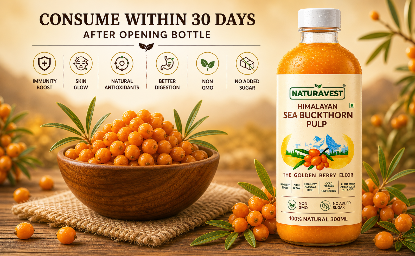 Naturavest Himalayan Sea Buckthorn Pulp – 100% Pure, Unfiltered & Cold-Pressed | Immunity Boost, Skin Glow, Omega 3-6-7-9 | Natural Superfruit pulp – No Sugar, Plant Based, Non GMO (Pack of 1)300ml