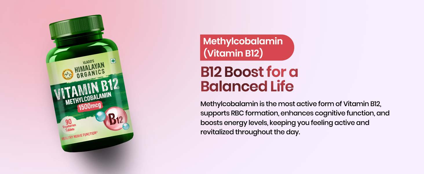 Vlado's Himalayan Organics Vitamin B12 Supplements - Methylcobalamin 500 MCG I B12 Active form of Methylcobalamin I 100% RDA I For Memory, Brain, Heart & Nervous System Support I Maximum Absorption, Normal Energy Production & Immune system support I Tablets for Men & Women - 90 Veg Tablets