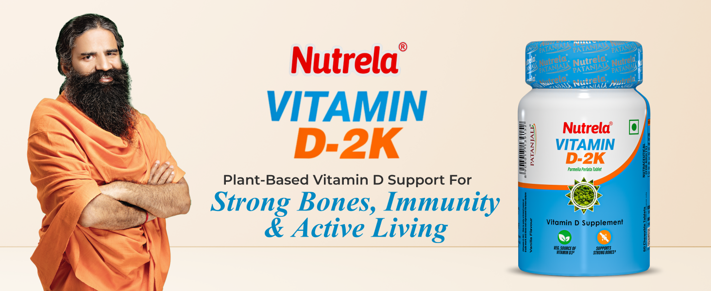 Nutrela Vitamin D-2K – 60 Chewable Tablets | Natural Vitamin D3 from Parmelia Perlata (Lichen) | Vanilla Flavour | Pack of 1
