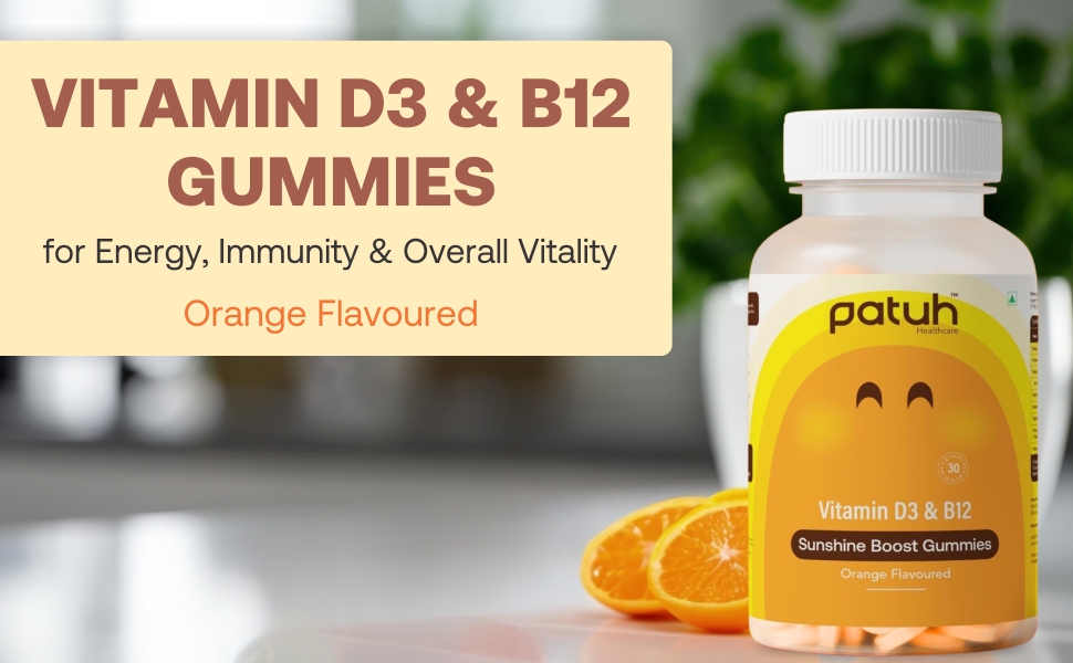 Vitamin D3 & B12 Gummies for Men & Women, Support Energy, Immunity & Bone Health, Reduces Fatigue, Vitamin B12 Supplements, 100% Veg (Orange Flavour, 30 Gummies)