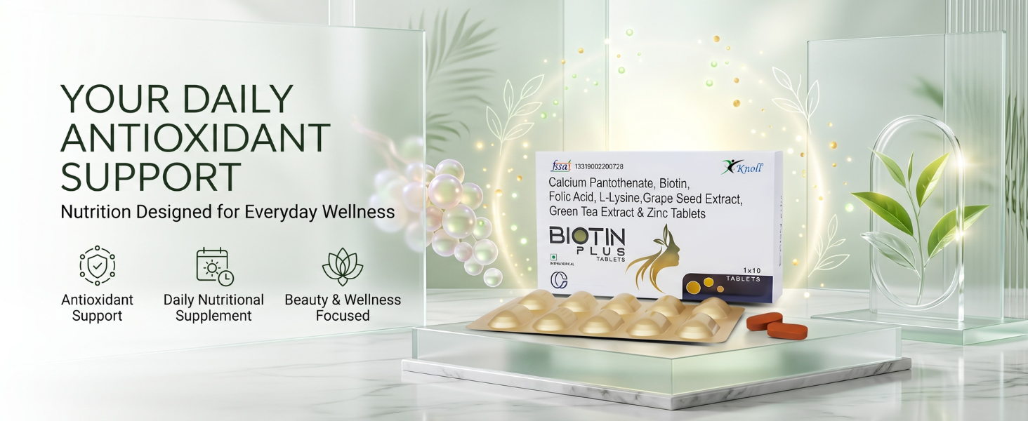 Knoll Healthcare Biotin Plus Tablets with Grape Seed Extract, Green Tea Extract, Zinc & L-Lysine | Supports Hair, Skin & Nail Health | Antioxidant & Nutritional Supplement (3x10 Capsules)