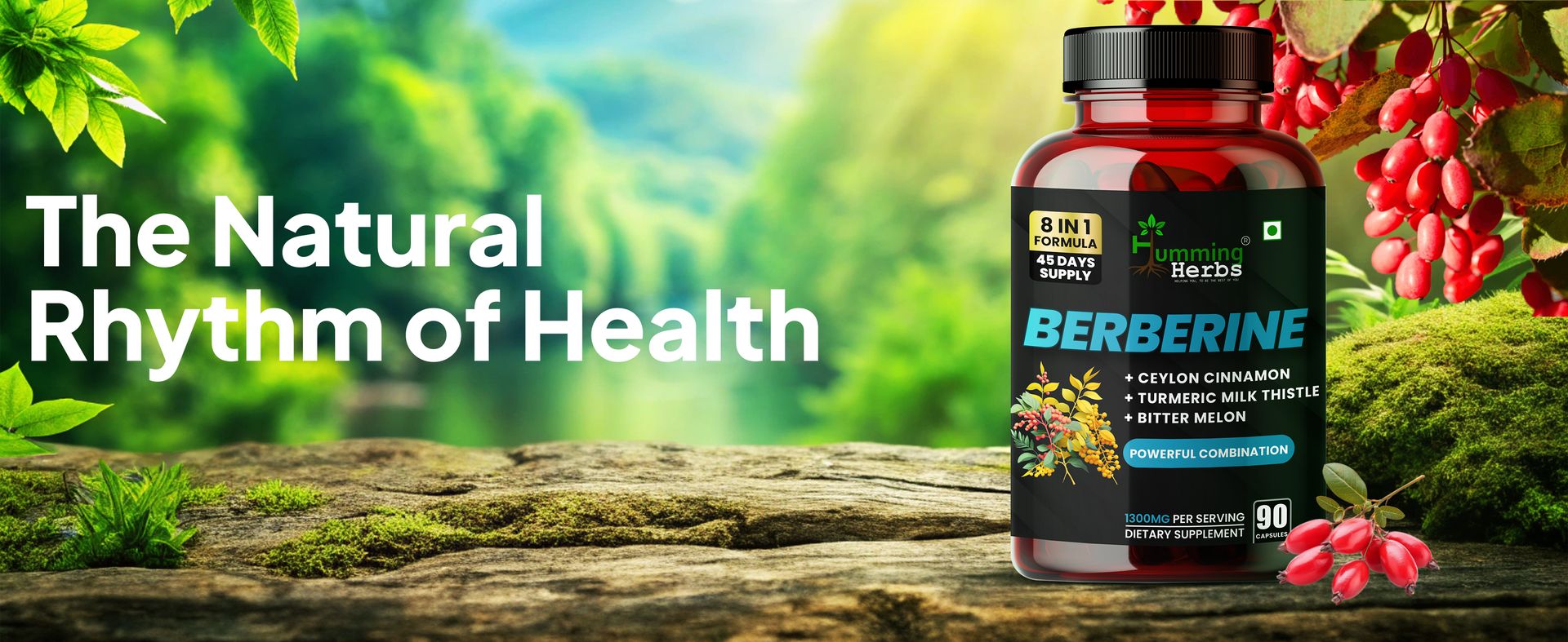 Humming Herbs Berberine Supplement | 8in1 | 90 Caps | with Ceylon Cinnamon Milk Thistle Bitter Melon & Probiotics - For Optimal Health