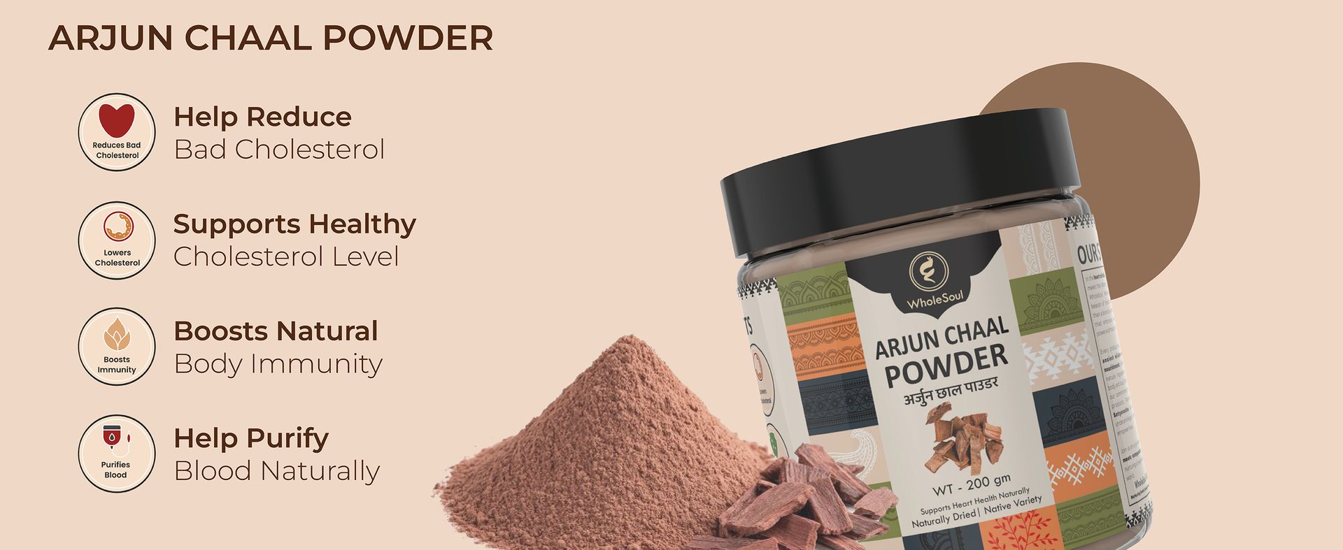 WholeSoul Arjun Chaal Organic Powder 200g Pack of 1 | Arjuna Bark Powder | Supports Heart Health Cholesterol & Balance BP Management | Ayurvedic Heart Health Support