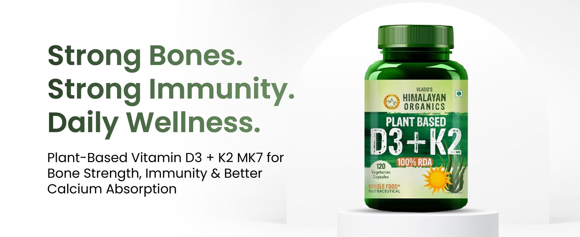 Vlado’s Himalayan Organics Plant Based Vitamin D3 600iU Supplement | Vitamin D3(Lichen) + K2(Menaquinone Mk7) | Faster Absorption | Boost Immunity | Healthy Bones | Plant Based D3 + K2 Supplement For Men and Women -120 Veg Capsules