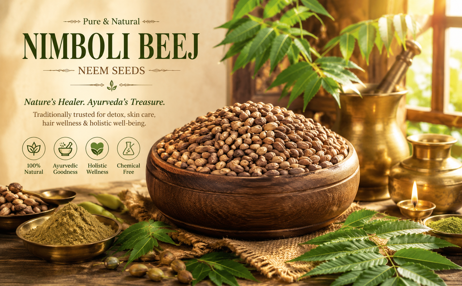 Neem Seeds (Nimboli), Azadirachta indica, Natural Ayurvedic Herb, for Skin, Hair, Blood Purification and Immunity (50 g)
