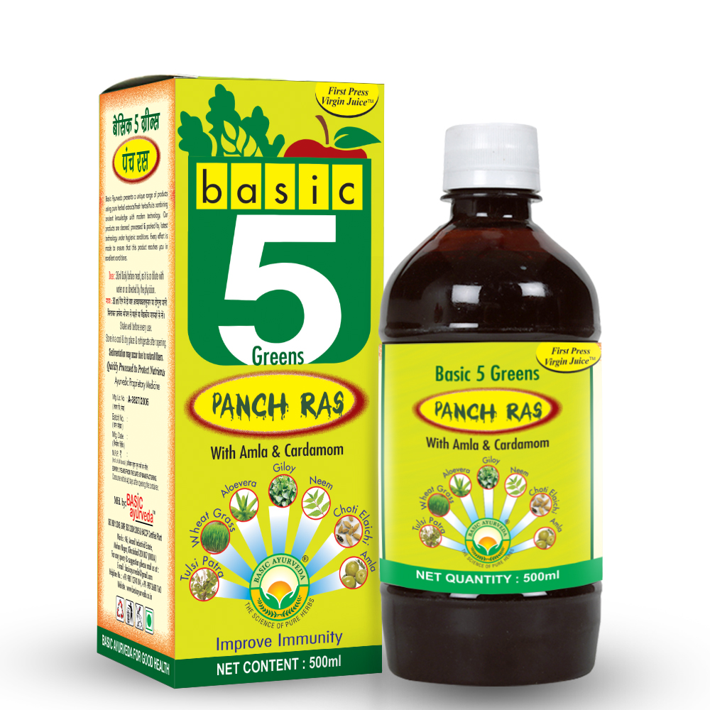 Basic Ayurveda 5 Green Panch Ras Juice 500ml | With Tulsi, Neem, Giloy, Wheatgrass & Aloe Vera | Daily Herbal Wellness