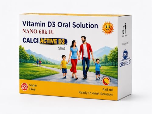 DR SHIELD"S Vitamin D3 60K Shots Pack of 2 Box Total 8 Bottles of 5ml, 60,000 IU, Liquid Supplement CALCI ACTIVE D3 SHOT BY SHREE BALA JI ENETRPRISES