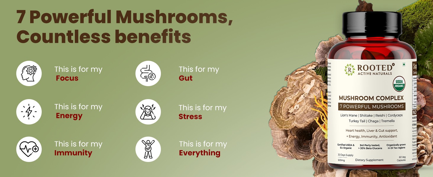 Rooted Actives 7-in-1 Mushroom Complex Extract | 100% Fruiting Body | 32%+ Beta Glucans | Focus, Energy, Gut & Immune Support | 60 Veg Capsules