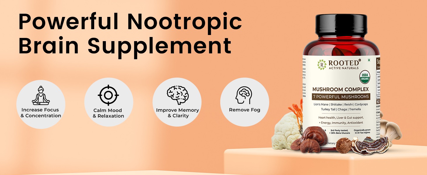 Rooted Actives 7-in-1 Mushroom Complex Extract | 100% Fruiting Body | 32%+ Beta Glucans | Focus, Energy, Gut & Immune Support | 60 Veg Capsules