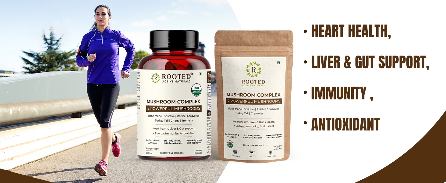 Rooted Actives 7-in-1 Mushroom Complex Extract | 100% Fruiting Body | 32%+ Beta Glucans | Focus, Energy, Gut & Immune Support | 60 Veg Capsules