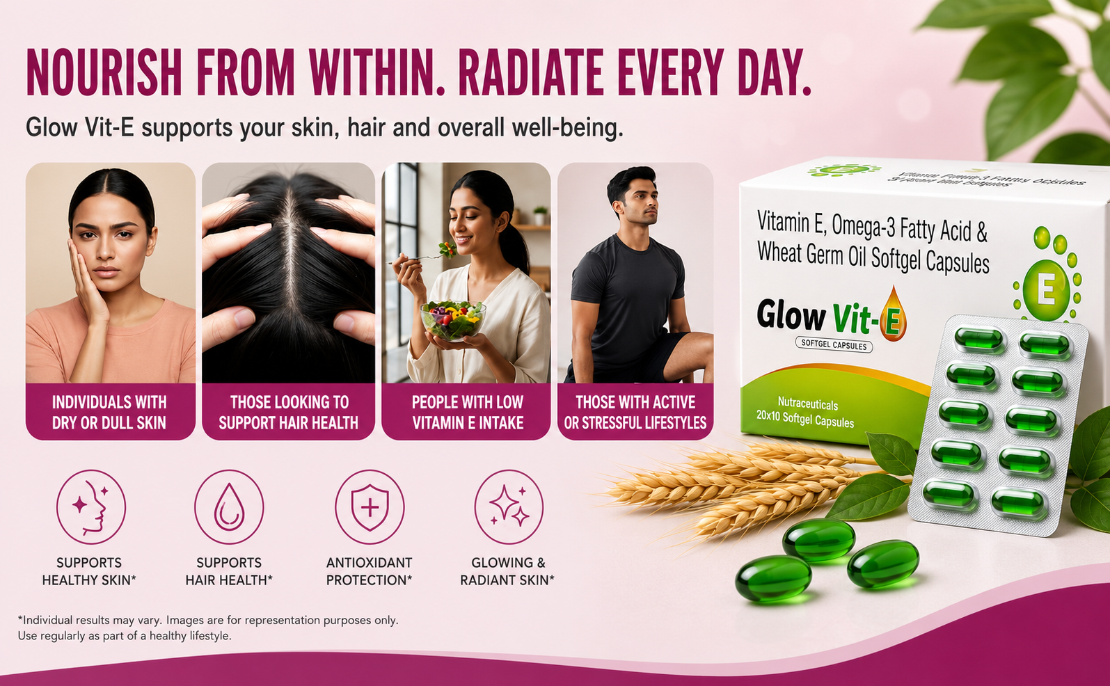 Glow Vit-E Softgel Capsules | Vitamin E, Omega-3 Fatty Acids & Wheat Germ Oil Supplement for Glowing Skin, Strong Hair & Heart Health | Antioxidant Support for Men & Women | 30 Softgels (Pack of 3)