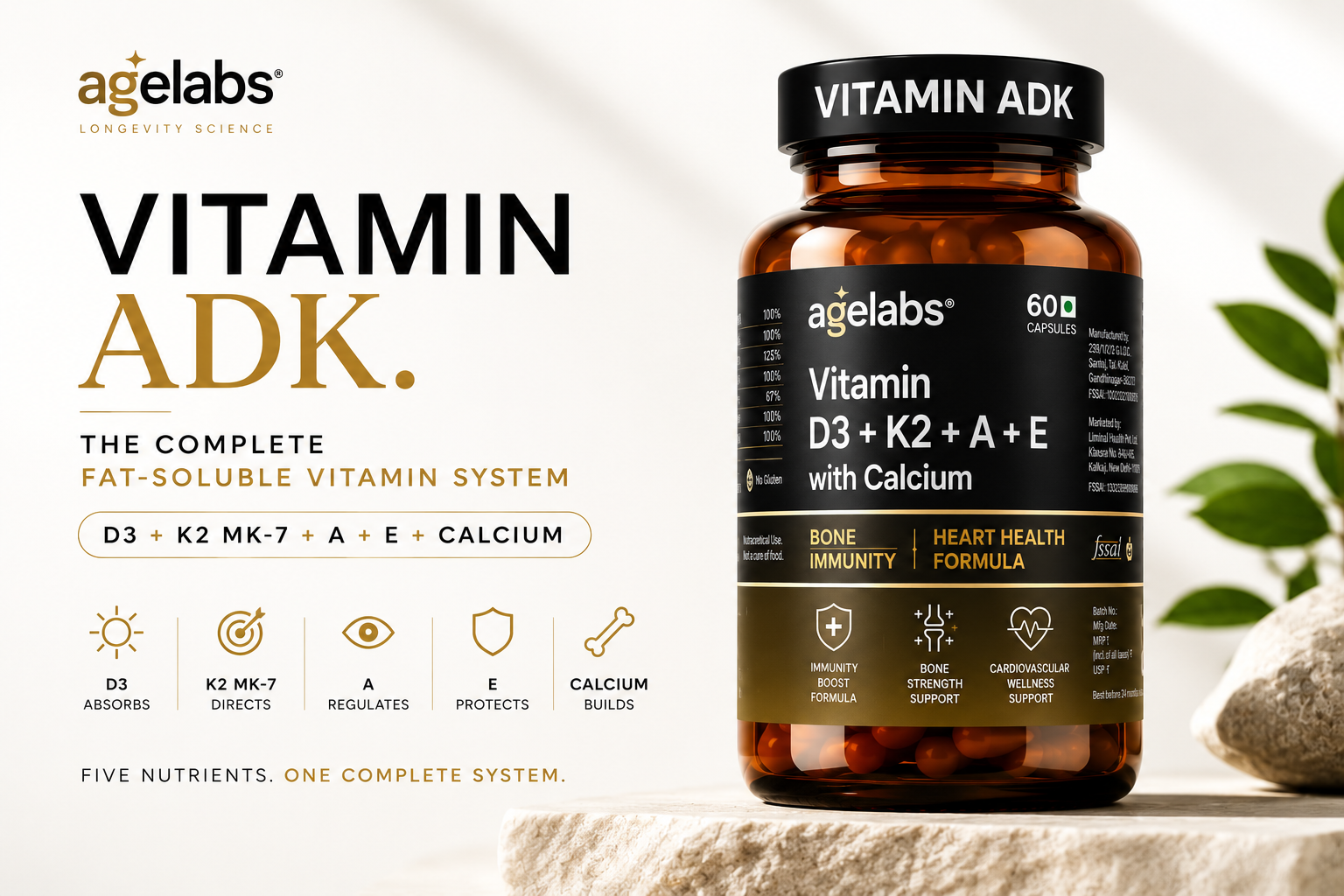 Vitamin ADK | Vitamin D3 K2 MK7 Supplement with Vitamins A, E & Calcium | Bone Strength, Calcium Absorption, Immunity, Heart Health & Joint Support | 60 Vegetarian Capsules