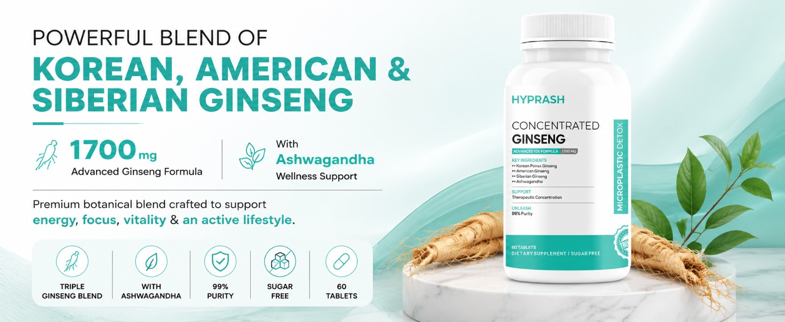 Korean Red Panax Ginseng Supplement 1700mg | High Strength Triple Ginseng Blend with Ginkgo Biloba Extract and Ashwagandha | 60 Tablets