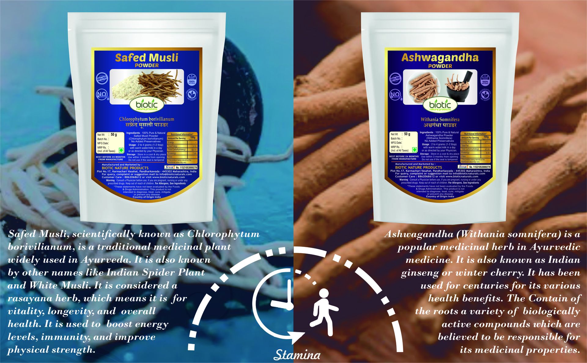 Biotic Safed Musli, Ashwagandha, Shatavari, Gokhru, Vidarikand & Kaunch Seed Powder - 300gms (50gms each)