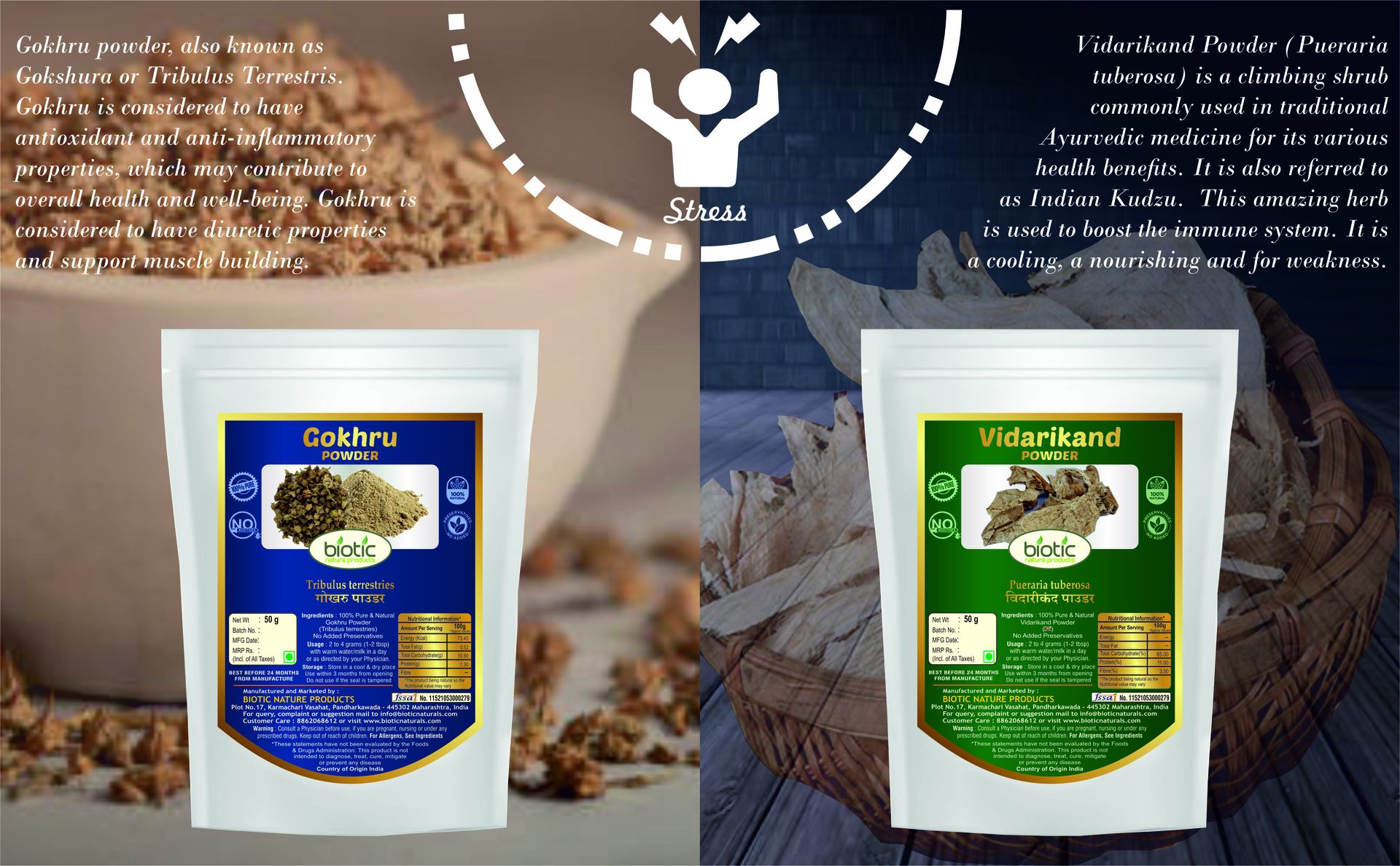 Biotic Safed Musli, Ashwagandha, Shatavari, Gokhru, Vidarikand & Kaunch Seed Powder - 300gms (50gms each)