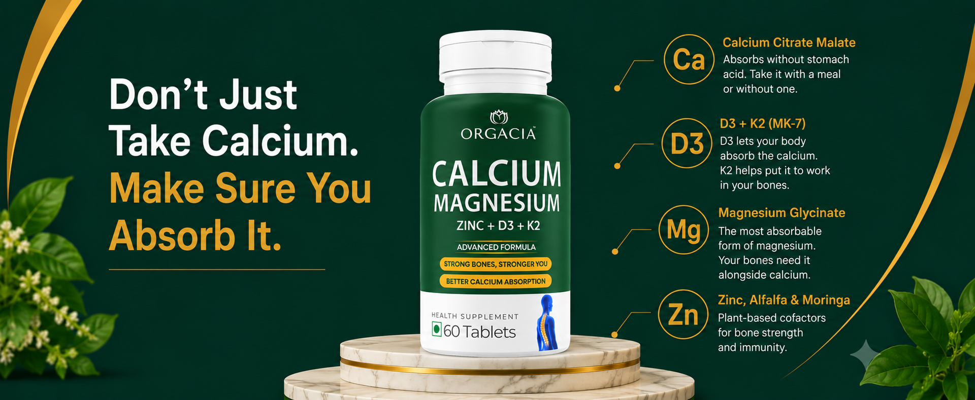 Calcium Magnesium Zinc with Vitamin D3 & K2 (MK-7) | High Absorption Calcium Citrate Malate Supplement with Alfalfa & Moringa | Supports Bone Health, Joints & Immunity – 60 Veg Tablets