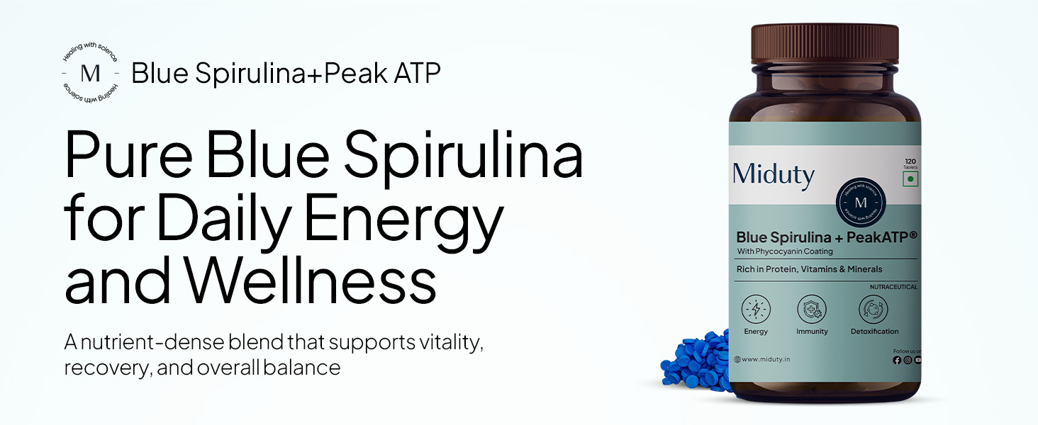 Miduty Blue Spirulina + Peak ATP - Energy & Muscle Fatigue Support - 40+ Nutrients, 65% Plant Protein, Phycocyanin-Rich Superfood - Immunity & Detox Support - 120 Tablets