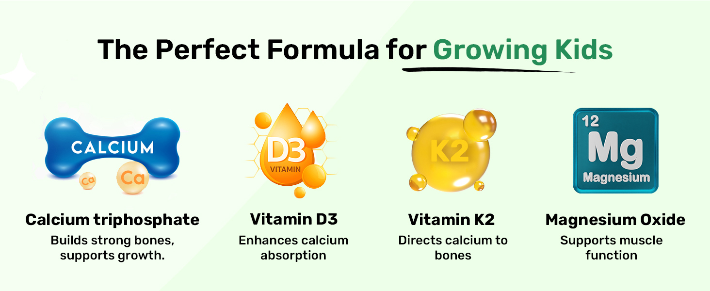Miduty Kids Calcium - Vitamin D3, K2 & Magnesium - Strong Bones & Teeth - Mint-Flavored, Sugar-Free Calcium Supplement for Active & Picky Eaters - 60 Chewables