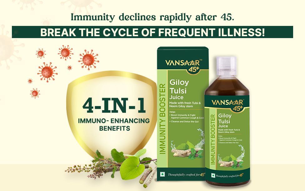 Vansaar 45+ Neem Grown Giloy Tulsi Juice with 4-in-1 Immuno- Enhancing benefits| Handpicked Fresh Tulsi and Neem grown Giloy| NIB rich for all-round Immunity| 100% Pure, Natural Juice - 1L