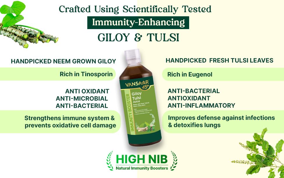 Vansaar 45+ Neem Grown Giloy Tulsi Juice with 4-in-1 Immuno- Enhancing benefits| Handpicked Fresh Tulsi and Neem grown Giloy| NIB rich for all-round Immunity| 100% Pure, Natural Juice - 1L