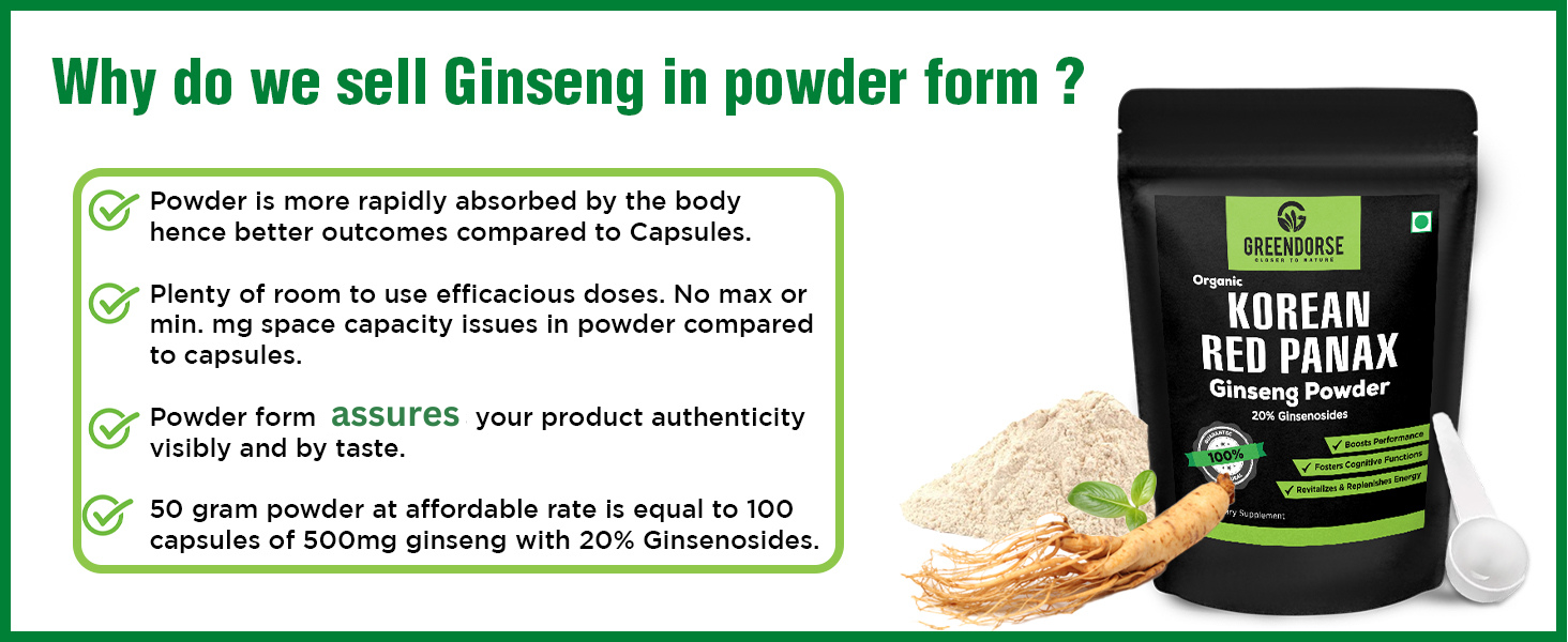 GREENDORSE Organic Korean Panax Ginseng Extract Powder |10% active Ginsenosides by HPLC | Lab tested| Immune & Cognitive support, Boosts Energy, Stamina, Vegan Friendly-30g