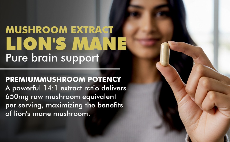 Lion's Mane Mushroom Extract 60 Capsules - 10:1 Concentrate for Focus, Memory & Brain Clarity - Nootropic Supplement for Students & Professionals - Vegan, Non-GMO, FSSAI Certified