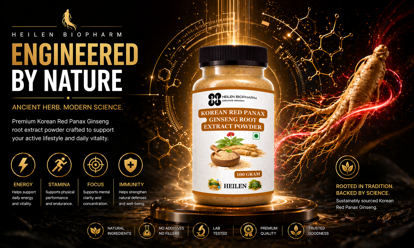 Heilen Biopharm Korean Red Panax Ginseng Root Extract Powder – 100g | Sealed Plastic Container | Natural Energy, Stamina & Focus Booster | Supports Immunity, Vitality & Performance, No Additives