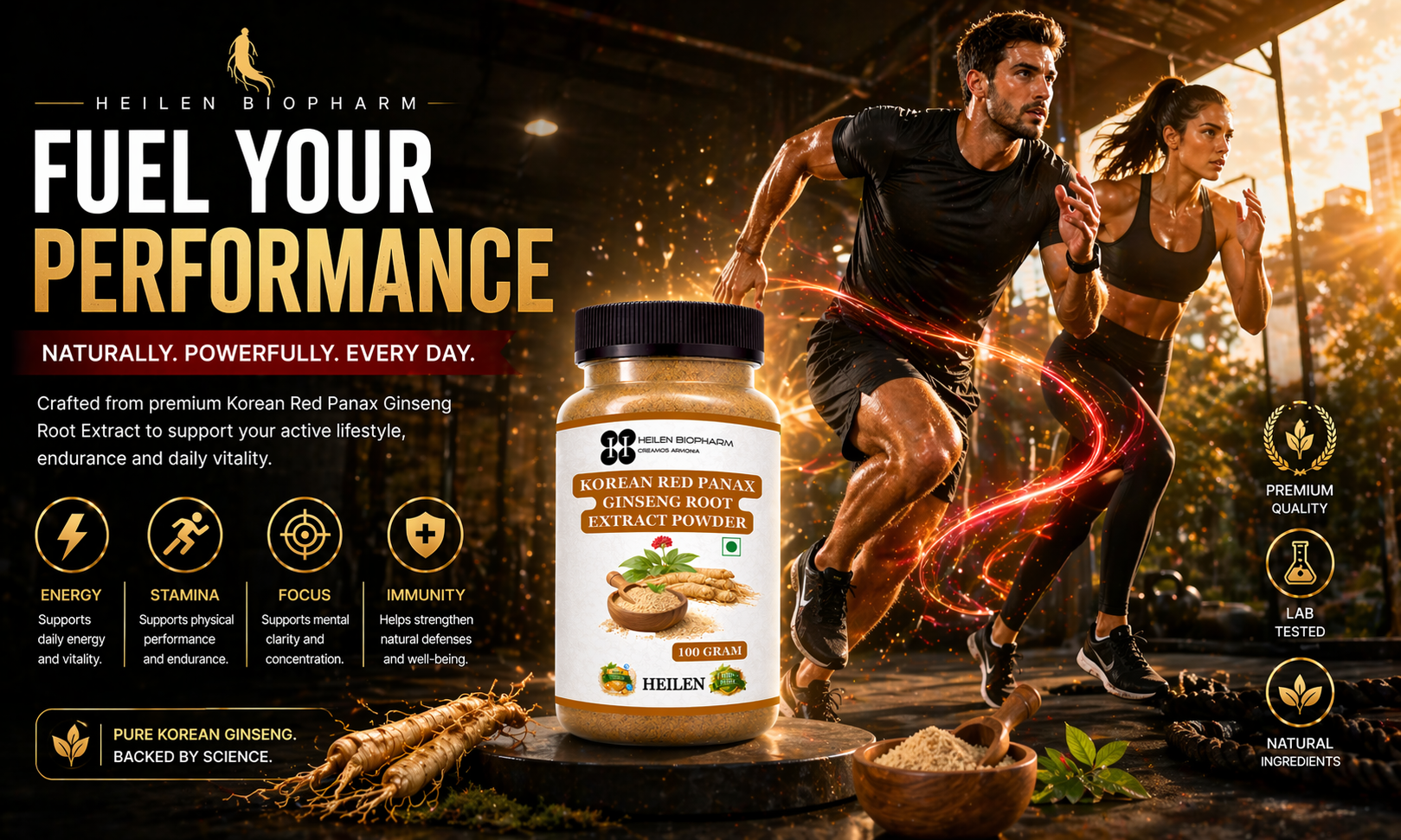 Heilen Biopharm Korean Red Panax Ginseng Root Extract Powder – 100g | Sealed Plastic Container | Natural Energy, Stamina & Focus Booster | Supports Immunity, Vitality & Performance, No Additives